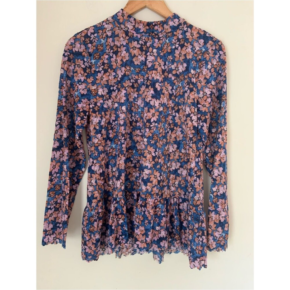 LOGO Floral Long-Sleeve Knit Semi Sheer Peplum High Neck Top Navy Pink Romantic